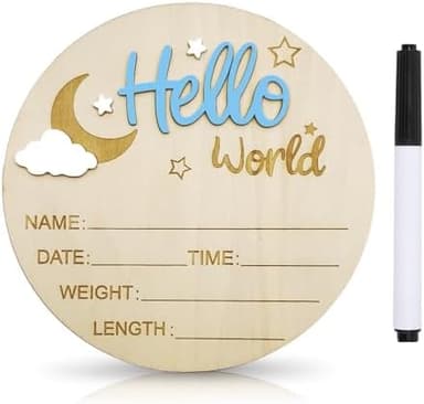 Baby Announcement Sign, 5.9 Inch Wooden Hello World Newborn Signs, Birth Announcement Sign and Pen, Moon and White Cloud Decoration, Welcome Newborn Arrival to World, Hospital Nursery for baby (Blue - Image 2