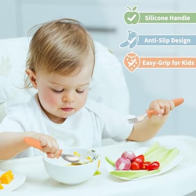 DRKIO 6 Pieces Toddler Utensils Set - Kids Silverware Set with Silicone Handle Children Safe 18/8 Stainless Steel Forks and Spoons Anti-Choke Design Food Grade Dishwasher Safe - Image 4