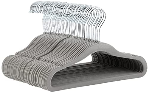 Amazon Basics Kids Velvet, Non-Slip Clothes Hangers for Infant and Toddler, 11.6 inches (for baby clothes), Pack of 50, Gray - Image 1