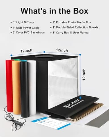 PULUZ Light Box Photography, 12"x12" Professional Dimmable Shooting Tent Kit with CRI >95 White Lighting 120 LEDs Lights + 6 Photo Backdrops for Product Display - Image 8