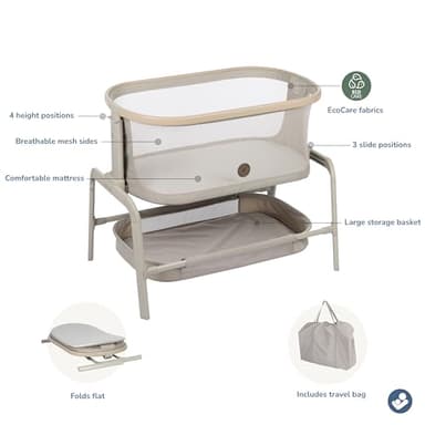 Maxi-Cosi Iora Baby Bassinets Bedside Sleeper, Portable Bassinet, Infant Bedside Sleeper Crib, Height Adjustable, Breathable Mesh, Large Storage Basket, Classic Oat - Image 3