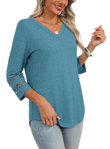 Business Casual Tops for Women 3/4 Length Sleeve Plus Size Tops for Women Summer V Neck Work Shirts Turquoise L - Image 4