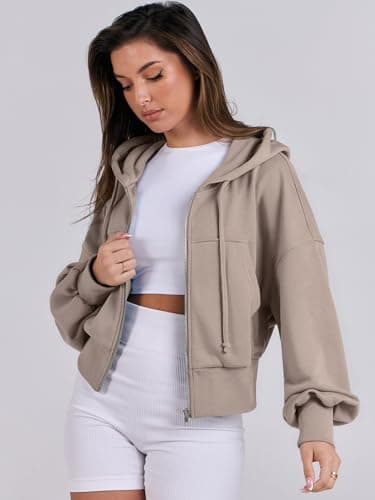 ANRABESS Womens Zip Up Hoodies Cropped Sweatshirts Casual Comfy Cute Zip Jackets Fashion Trendy Fall Outfits 2025 Y2K Clothes Khaki Small - Image 7