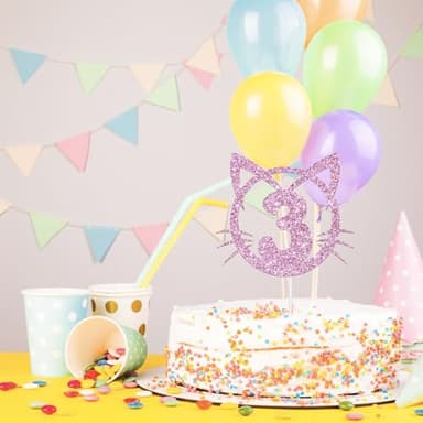 YHEZXUN Cat 3 Cake Topper, 3rd Birthday Cake Decoration, Pet Cat Kitty Theme Three Years Old Cake Topper Pink Glitter Cute Party Supplies - Image 4