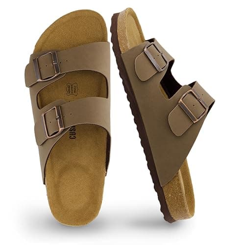 CUSHIONAIRE Lane Cork Footbed Mens Sandals, Adjustable Buckle Comfort Slides for Men, Genuine Leather Insole Summer Sandals Men Footwear with Supportive EVA Sole, BROWN 9 - Image 1