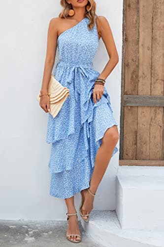 PRETTYGARDEN Women's Summer Floral Sundress Casual One Shoulder Tiered Ruffle Flowy Midi Beach Boho Dresses (Floral Light Blue,X-Large) - Image 6
