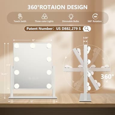 VoxZypher Hollywood Vanity Makeup Mirror with Lights - 9 LED Bulbs, Touch Control, 3 Colors Light, 360° Rotation, Light Up Vanity Mirror for Dressing Room & Bedroom - Image 2