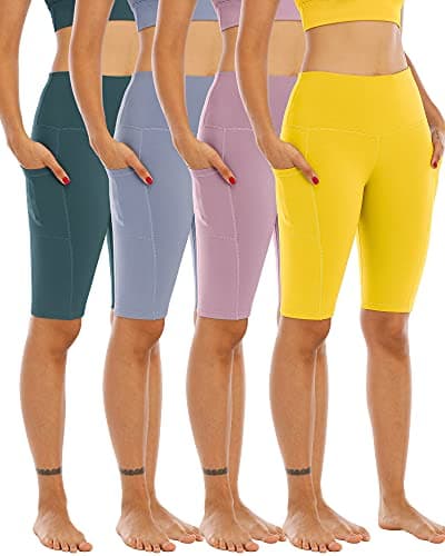 4 Pack Biker Yoga Shorts with Pockets for Women,High Waisted Athletic Running Workout Gym Shorts Tummy Control,Yello,Red Bean Paste,Gray Blue,Bean Green,XXL - Image 1