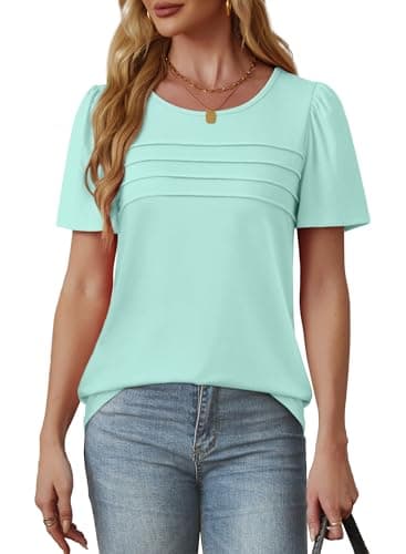 Summer Tops for Women 2025 Cute Short Sleeve Shirts Dressy Casual Blouses Flowy Loose Fitting Peplum Tunic T Shirts Beach Vacation Essentials Aqua 4XL - Image 3