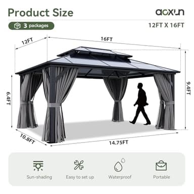 Aoxun 12'x16' Hardtop Gazebo, Aluminum Frame Permanent Pavilion with Curtains and Netting, Outdoor Polycarbonate Double Roof Canopy, Designed for Garden, Lawns, Patio - Image 4