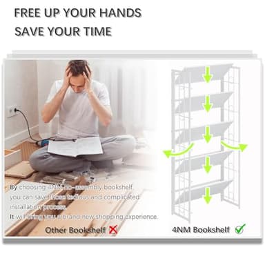 4NM No Assembly 5 Tiers Folding Bookshelf, 59.4" H Foldable Storage Shelves Vintage Bookcase Standing Racks Study Organizer Home Office - All White - Image 7