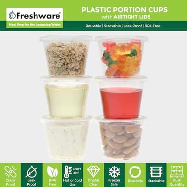 Freshware Plastic Portion Cups with Lids [5.5 Ounce, 100 Sets] Souffle Cups, Jello Shot Cups, Condiment Sauce Containers For Sampling, Sauce, Snack or Dressing - Image 2
