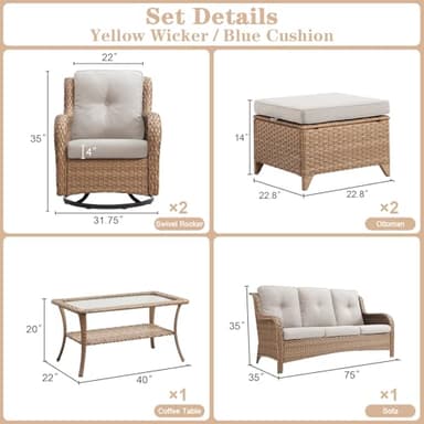Belord Wicker Outdoor Furniture Patio Furniture Set - 6 Piece Patio Conversation Set with Swivel Rocker Chairs, Rattan Sofa, Ottomans and Coffee Table, Beige Cushion - Image 2