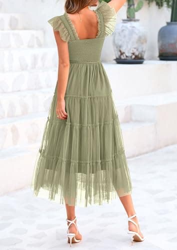 PRETTYGARDEN Women's Summer Midi Tulle Dress Sleeveless Smocked Square Neck Ruffle Flowy Party Wedding Guest Sundress (Light Green,Small) - Image 4