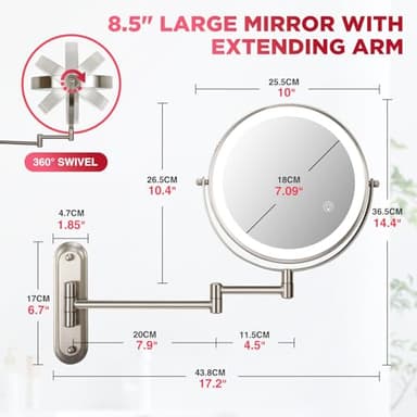 Wall Mounted Makeup Mirror, 1x/20x Magnifying Mirror with 8.5" Double Sided, Vanity Makeup Mirror for Bathroom, Brushed Nickel - Image 2
