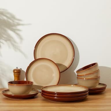 Pokini Ceramic Dishes Set for 8, 24 Piece Stoneware Dinnerware Sets, Chip and Scratch Resistant, Easy to Stack & Clean, Modern Rustic Look, Brown Yellow - Image 5