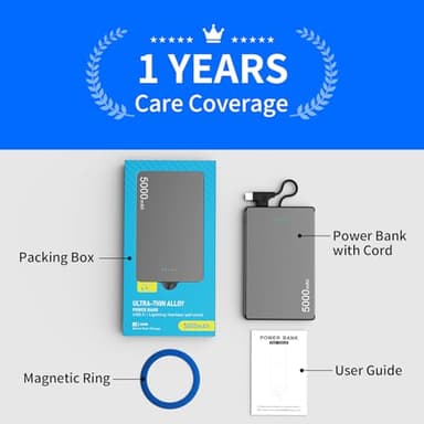 Portable Charger with Built-in Cables - 0.3" Slim, 5000mAh Power Bank with USB-C Cord Wires, 20W PD Fast Charging Battery Pack, Charge Card Phone Charger for iPhone 14 13 12, Samsung Pixel LG (Grey) - Image 9