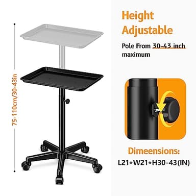 DEER BEAUTY Salon Tray on Wheels - Premium Aluminum Tattoo Tray Rolling Trolley - Adjustable Salon Service Rolling Tray Hairdresser Cart with Clinic Spa Rolling Tray Wheels (Black) - Image 2