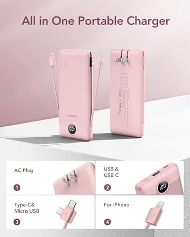 VEGER Portable Charger with Built-in AC Plug and Cables, All in One 10000mAh Ultra-Slim Power Bank, 15W Fast Charging for iPhone, Samsung, Android, Travel Essential (Crepe) - Image 2