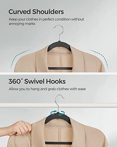 SONGMICS Velvet Hangers 50 Pack, Non-Slip Clothes Hangers, Suit Hangers with Shoulder Notches, Pants Bar, 360° Swivel Hook, Space-Saving, for Closet, Ink Black UCRF029B05 - Image 7