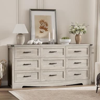 Dresser for Bedroom with 9 Drawers, 59" Wide Wood Chest of Drawers with Deep Drawers & Mental Handle, Modern Dresser TV Stand, Wooden Closet Storage Organizer for Living Room, Hallway, Entryway, Grey - Image 8