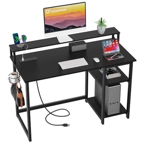GreenForest 40 inch Computer Desk with Power Outlets, Small Home Office Desk with Ergonomic Monitor Stand, Reversible Gaming Desk, Modern Study Desk, Laptop Desk, Black - Image 1