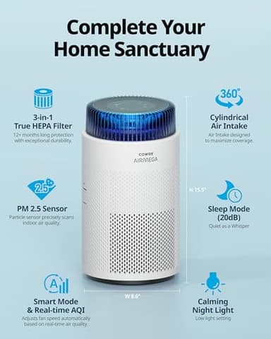 COWAY Air Purifiers for Bedroom Home up to 810 ft², True HEPA Filter for Smoke, Allergies, Pet Dander, Odor, AQI Monitor, Auto&Sleep Mode, Timer, Filter Indicator, Night Light, 3yr Warranty, 100 White - Image 2