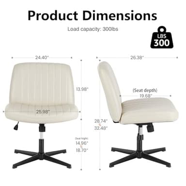 DUMOS Criss Cross Chair Legged Office Wide Comfy Desk Seat, No Wheels Armless Computer Task Seating, Swivel PU Leather Vanity Home Height Adjustable - Image 2