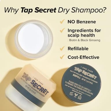 I DEW CARE Tap Secret Dry Shampoo Powder with Biotin - Tap Secret Original | Strengthening & Volumizing, Refillable, Travel size, Non-aerosol, Brunette, Korean Ginseng, Dry Shampoo for Women, 0.24 Oz - Image 7