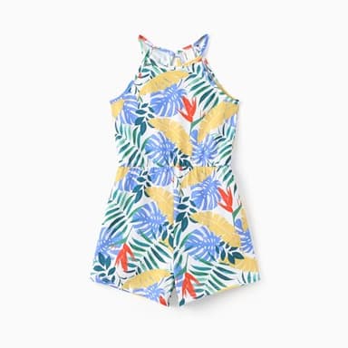 PATPAT Girls Rompers Size 3-4 Navy Blue Tropical Print 2 Pack Rompers For Girls Sleeveless Halter Neck Wide Leg One Piece Spaghetti Strap Jumpsuits Shorts 2 Piece Outfits Hawaiian Jumpsuits - Image 5