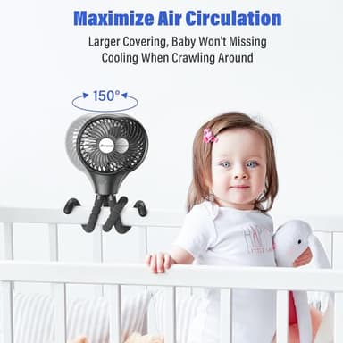 Portable Baby Stroller Fan, Auto Oscillating Battery Operated Fan, Flexible Tripod Clip On with 3-Speeds Rechargeable Handheld Personal Fans for Car Seat Crib Wagon Bike Treadmill Camping Travel - Image 2