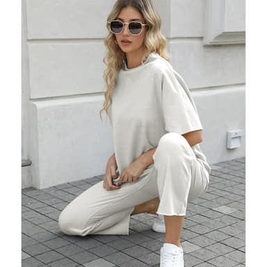 SeeLuNa Women's Two Piece Outfits 3/4 Batwing Sleeve Capelet Crew Neck Pullover Top Wide Leg Pants Lounge Set(Light Gray, L) - Image 7