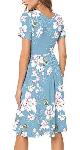 DB MOON Women Summer Casual Short Sleeve Dresses Empire Waist Dress with Pockets (Flower Light Blue, M) - Image 2