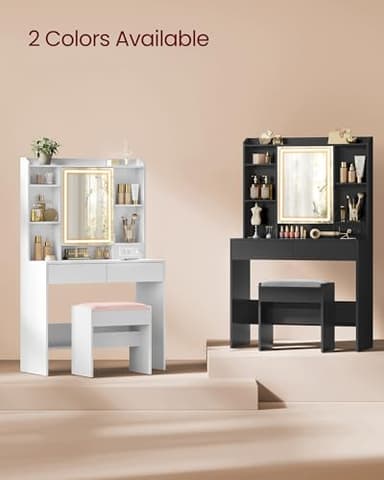 VASAGLE KAILYN Collection - Vanity Desk with Power Outlets, Makeup Vanity with Mirror and Lights, Upholstered Vanity Stool, LED Lights, 6 Compartments, 2 Drawers, for Bedroom, Cloud White URDT031W01 - Image 6