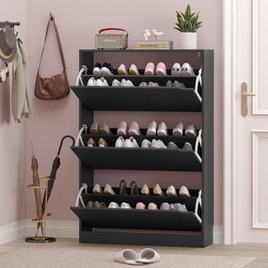 BORNOON Shoe Storage Cabinet with 3 Flip Drawers,Narrow Shoe Rack Cabinet,Freestanding Organizer Storage for Entryway, Hallway, Black - Image 7