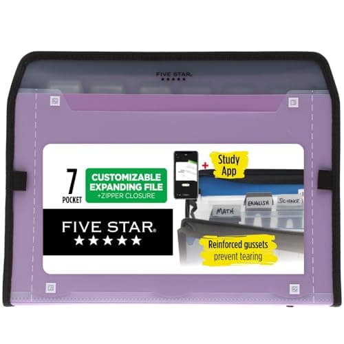 Five Star 7 Pocket Expanding File Organizer + Study App, Plastic Expandable File Folders with Customizable Tabs & Clear Cover, Holds 8-1/2" x 11", Zipper Closure, Amethyst Purple (351700G) - Image 1