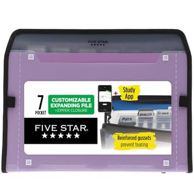 Five Star 7 Pocket Expanding File Organizer + Study App, Plastic Expandable File Folders with Customizable Tabs & Clear Cover, Holds 8-1/2" x 11", Zipper Closure, Amethyst Purple (351700G) - Image 1