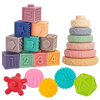 SpringFlower 3 in 1 Montessori Toys for Babies 0-3-6-12 Months, Soft Baby Teething, Stacking Building Blocks for Infants, Sensory Developmental Education Toys for Toddler Baby 12-18 Months,23 PCS - Image 8
