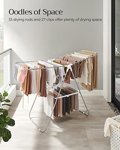 SONGMICS Clothes Drying Rack, with Sock Clips, Metal Laundry Rack, Foldable, Space-Saving, Free-Standing Airer, with 2 Height-Adjustable Gullwings, Indoor Outdoor Use, Silver and White ULLR052W01 - Image 4