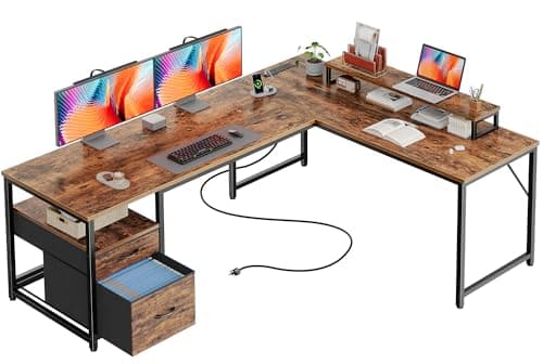 PRAISUN 63 Inch L Shaped Desk with Power Outlets and USB-C Port, Computer Corner Home Office Desk with File Fabric Drawers and Movable Monitor Stand, Larger Storage, Gaming, Writing, Rustic Brown - Image 1