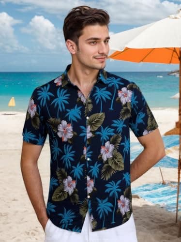 Mens Hawaiian Shirts Tops Short Sleeve Floral Button Down Beach Shirt Vintage Tropical Palm Summer Lightweight Blouses Male Navy Blue - Image 2