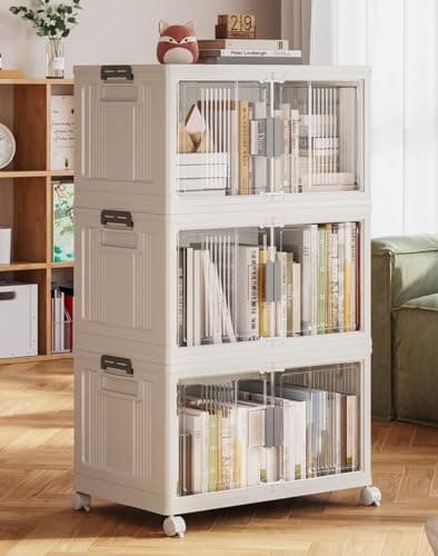 OlarHike 76QT Stackable Storage Bins with Lids - Folding Storage Box with Doors and Wheels, Collapsible Plastic Storage Bins for Closets, Home Organizers, 3 Pack Cubes (Warm Gray) - Image 1