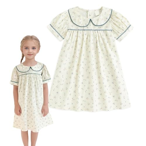 Curipeer Little Baby Girls Floral Short Sleeve Casual Dress Peter Pan Collar Toddler Ruffled Zip Up Playwear Dress for Autumn and Spring 7T - Image 1
