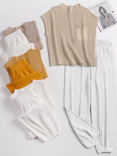 ANRABESS Women's Two Piece Outfits Knit Sweater Vest Crop Top Pants Lounge Matching Tracksuit Sweatsuit Travel Clothes Sets Khaki White Medium - Image 8