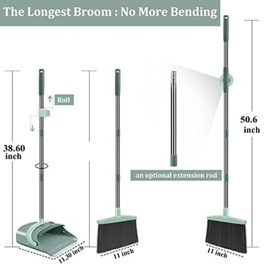 Broom and Dustpan Set for Home, Dust pan with Long Handle, Broom with Dustpan Combo Set, for Home Kitchen Room Office Lobby Floor Use Upright Stand Up Sweeping (Gray&Green) - Image 2