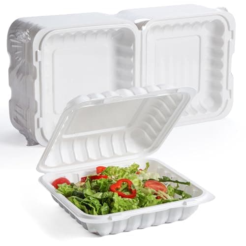 YANGRUI Food Containers 8 Inch 34 oz 55 Pack - Shrink Wrap BPA Free Mineral Filled PP Plastic Container | Reusable Freezer & Microwave Safe Meal Prep Takeout | White Heavy Duty Clamshell Lunch Boxes - Image 1