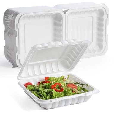 YANGRUI Food Containers 8 Inch 34 oz 55 Pack - Shrink Wrap BPA Free Mineral Filled PP Plastic Container | Reusable Freezer & Microwave Safe Meal Prep Takeout | White Heavy Duty Clamshell Lunch Boxes - Image 1