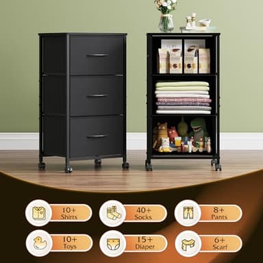 WLIVE Dresser with 3 Drawers, Fabric Nightstand, Cabinet with Wheels, Organizer Storage Dresser for Bedroom, Office, Closets, Black Dresser with Sturdy Steel Frame, Easy Pull Handle - Image 4