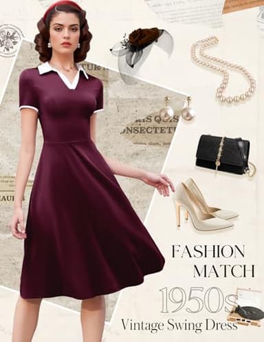 Dressystar Women V Neck 1950s Vintage Short Sleeves Dress Retro A Line Swing Rockabilly Cocktail Party Dresses with Pockets Burgundy L - Image 5