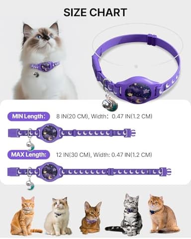 Cat Collar with Airtag Holder, Breakaway Airtag Cat Collar for Apple Air Tag with Luminous & Reflective Pattern, Waterproof GPS Cat Tracker Collars for Boy Girl Cats Kittens with Bell, Purple (8-12") - Image 6